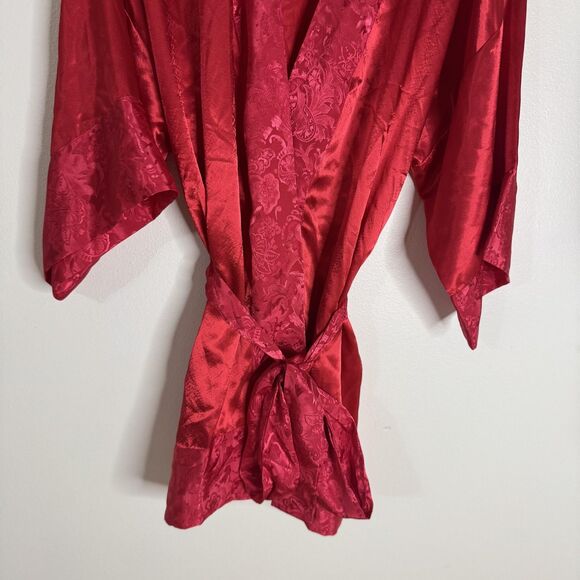 Victorias Secret Robe Womens One Size Red Satin Jacquard Floral Kimono Belted - Picture 3 of 10